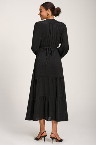 Long Sleeve Textured Satin Midaxi Dress, Black
