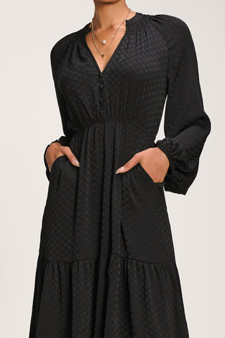 Long Sleeve Textured Satin Midaxi Dress, Black