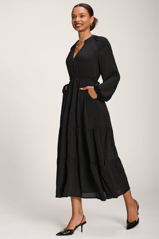 Long Sleeve Textured Satin Midaxi Dress, Black