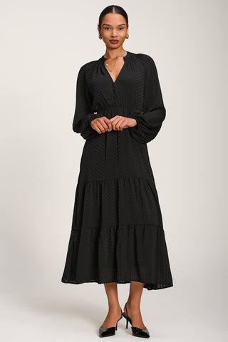 Long Sleeve Textured Satin Midaxi Dress, Black