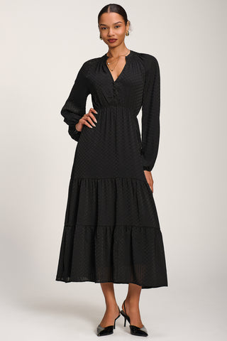 Long Sleeve Textured Satin Midaxi Dress, Black