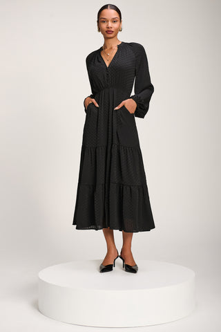 Long Sleeve Textured Satin Midaxi Dress, Black