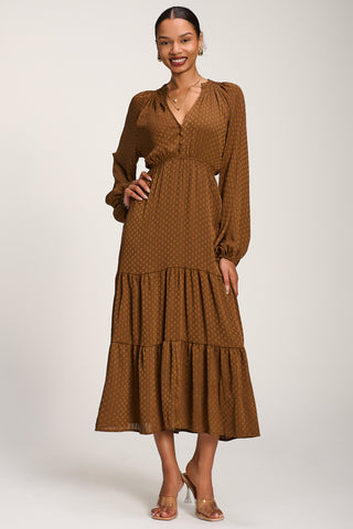 Long Sleeve Textured Satin Midaxi Dress, Brown