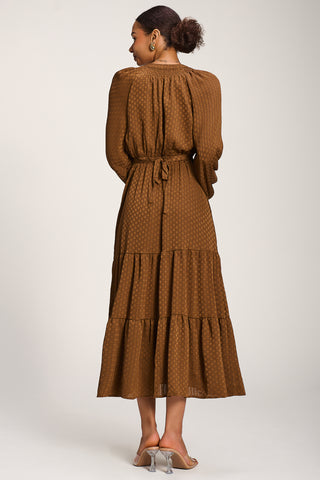Long Sleeve Textured Satin Midaxi Dress, Brown