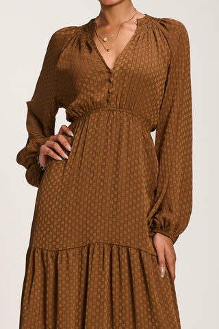 Long Sleeve Textured Satin Midaxi Dress, Brown