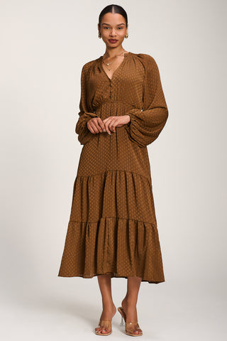 Long Sleeve Textured Satin Midaxi Dress, Brown