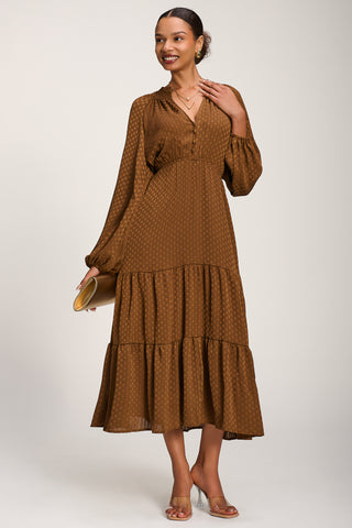 Long Sleeve Textured Satin Midaxi Dress, Brown