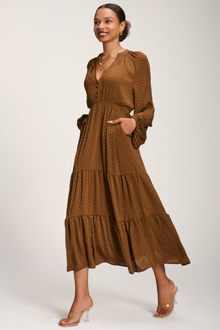 Long Sleeve Textured Satin Midaxi Dress, Brown