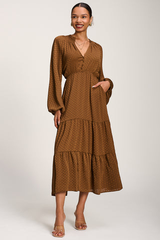 Long Sleeve Textured Satin Midaxi Dress, Brown