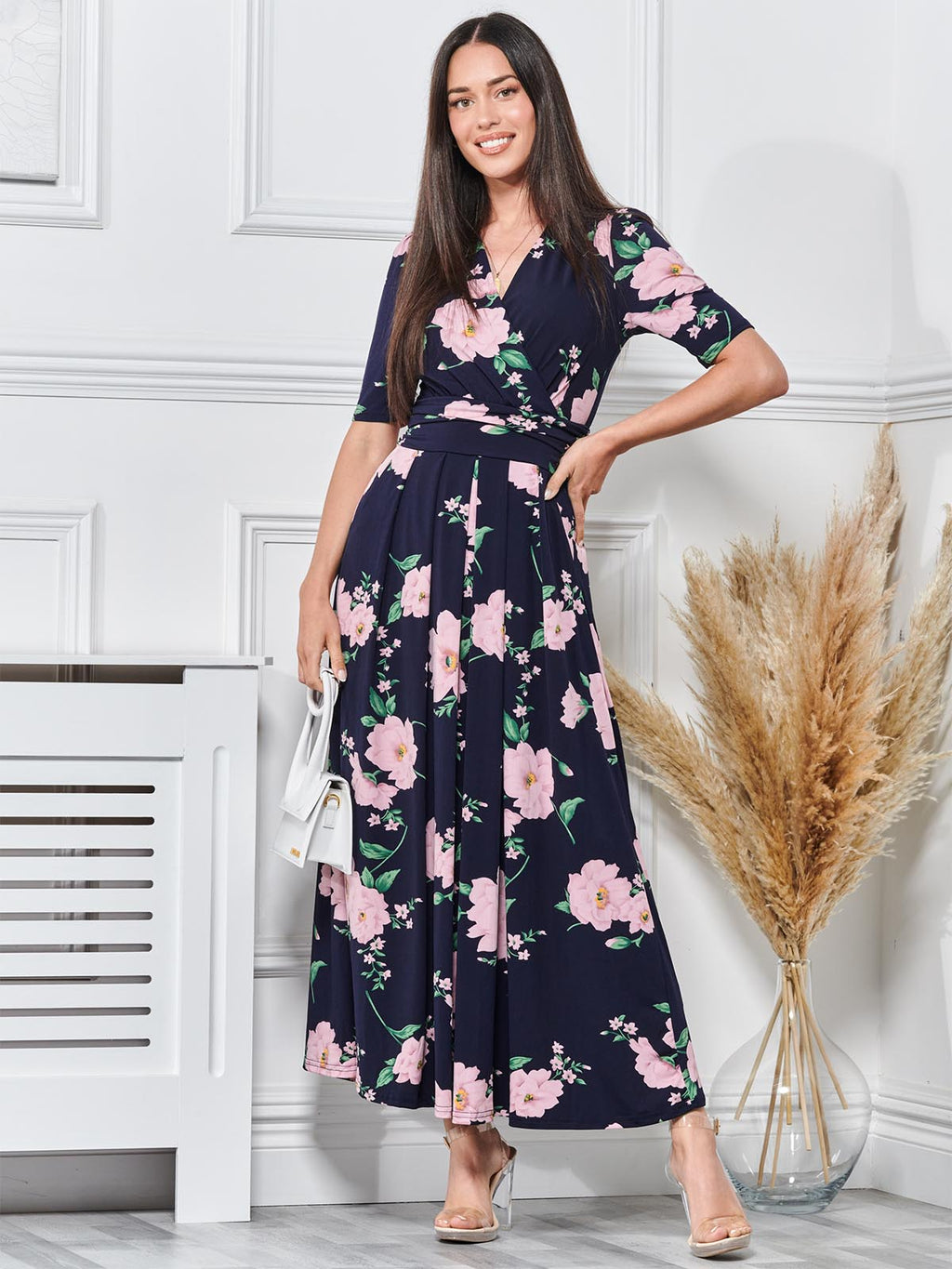 Daria Pleat Maxi Jersey Dress, Navy Floral – Jolie Moi Retail