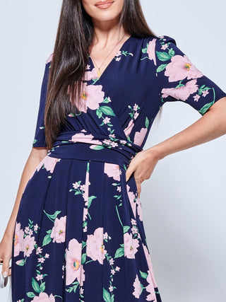 Daria Pleat Maxi Jersey Dress, Navy Floral