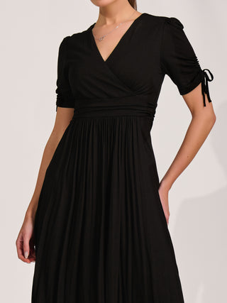 Jersey Tie Sleeve Wrap Front Midi Dress, Black
