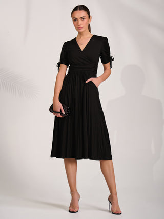 Jersey Tie Sleeve Wrap Front Midi Dress, Black