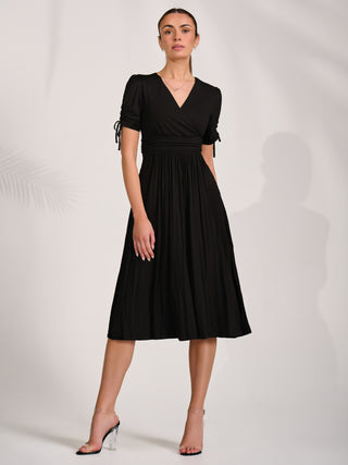 Jersey Tie Sleeve Wrap Front Midi Dress, Black