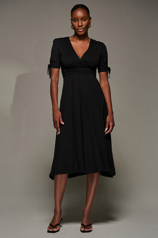 Jersey Tie Sleeve Wrap Front Midi Dress, Black