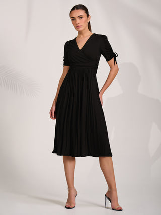 Jersey Tie Sleeve Wrap Front Midi Dress, Black