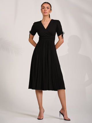 Jersey Tie Sleeve Wrap Front Midi Dress, Black