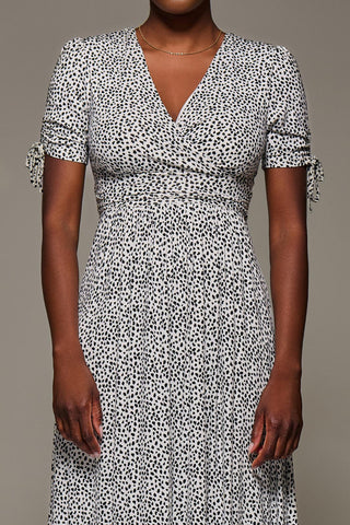 Jersey Tie Sleeve Wrap Front Midi Dress, White Polka