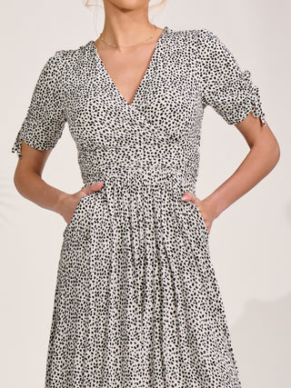 Jersey Tie Sleeve Wrap Front Midi Dress, White Polka