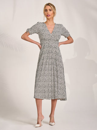 Jersey Tie Sleeve Wrap Front Midi Dress, White Polka