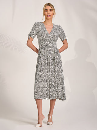 Jersey Tie Sleeve Wrap Front Midi Dress, White Polka