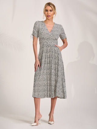 Jersey Tie Sleeve Wrap Front Midi Dress, White Polka