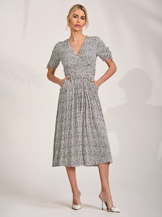 Jersey Tie Sleeve Wrap Front Midi Dress, White Polka