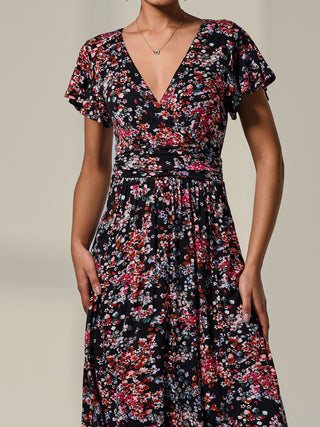 Mock Wrap Jersey Midi Dress, Black Floral