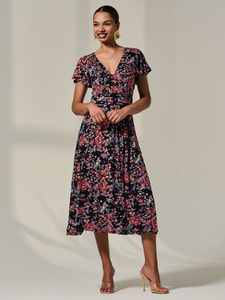 Mock Wrap Jersey Midi Dress, Black Floral