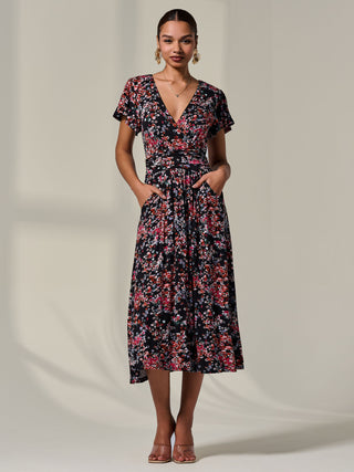 Mock Wrap Jersey Midi Dress, Black Floral