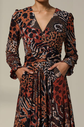 Mesh Long Ruffle Sleeve Midaxi Dress, Animal Multi