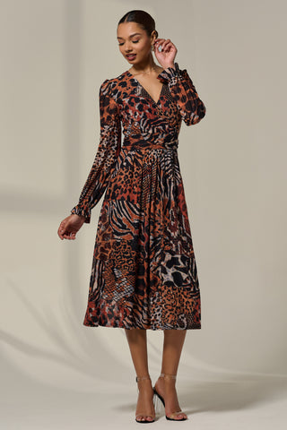 Mesh Long Ruffle Sleeve Midaxi Dress, Animal Multi