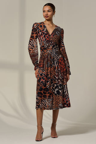 Mesh Long Ruffle Sleeve Midaxi Dress, Animal Multi