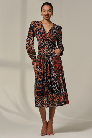 Mesh Long Ruffle Sleeve Midaxi Dress, Animal Multi