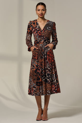 Mesh Long Ruffle Sleeve Midaxi Dress, Animal Multi