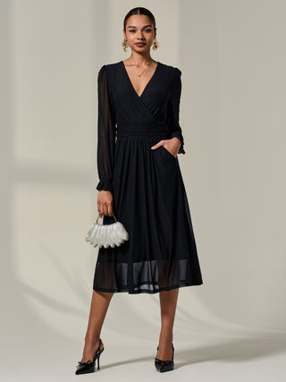 Mesh Long Ruffle Sleeve Midaxi Dress,Black