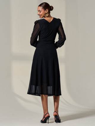 Mesh Long Ruffle Sleeve Midaxi Dress,Black