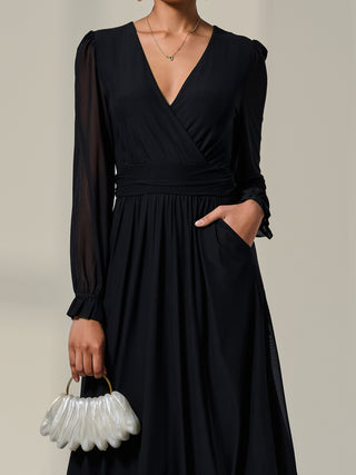 Mesh Long Ruffle Sleeve Midaxi Dress,Black