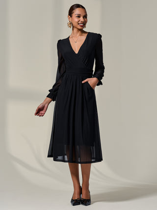Mesh Long Ruffle Sleeve Midaxi Dress,Black