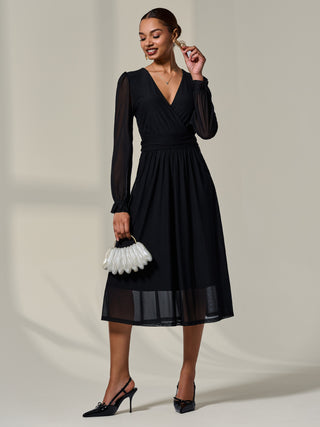 Mesh Long Ruffle Sleeve Midaxi Dress,Black
