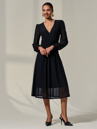 Mesh Long Ruffle Sleeve Midaxi Dress,Black