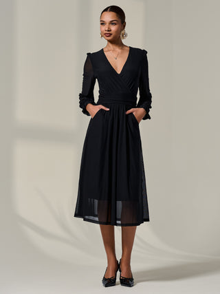 Mesh Long Ruffle Sleeve Midaxi Dress,Black