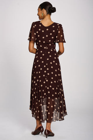 Angel Sleeve Pleated Chiffon Maxi Dress, Burgundy Spot