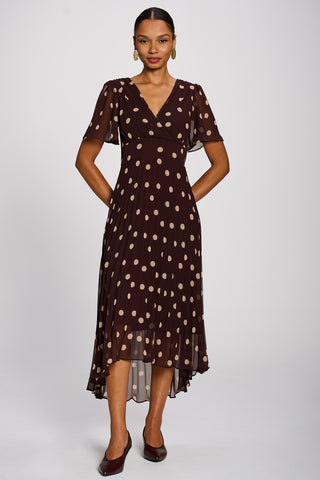 Angel Sleeve Pleated Chiffon Maxi Dress, Burgundy Spot