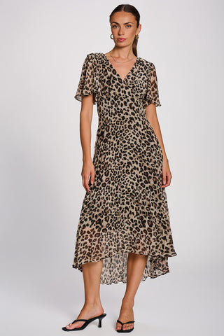 Angel Sleeve Pleated Chiffon Maxi Dress, Leopard Multi