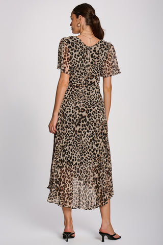 Angel Sleeve Pleated Chiffon Maxi Dress, Leopard Multi
