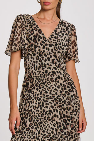Angel Sleeve Pleated Chiffon Maxi Dress, Leopard Multi