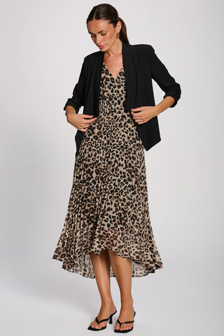 Angel Sleeve Pleated Chiffon Maxi Dress, Leopard Multi