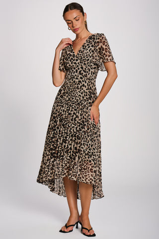 Angel Sleeve Pleated Chiffon Maxi Dress, Leopard Multi
