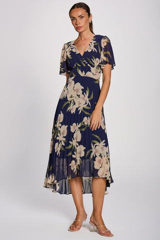 Angel Sleeve Pleated Chiffon Maxi Dress, Navy Floral